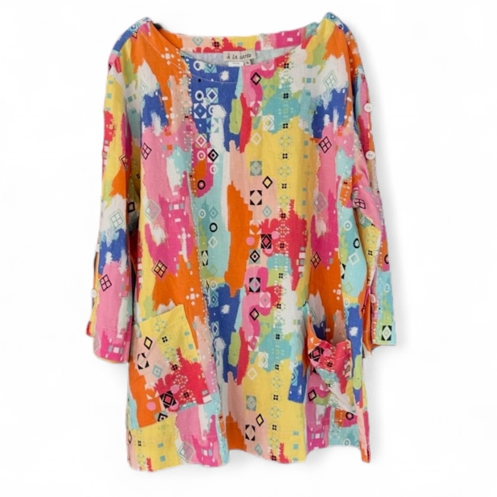 À LA CARTE Colorful Linen Abstract Print Tunic Top Boho Lagenlook Art to Wear XL